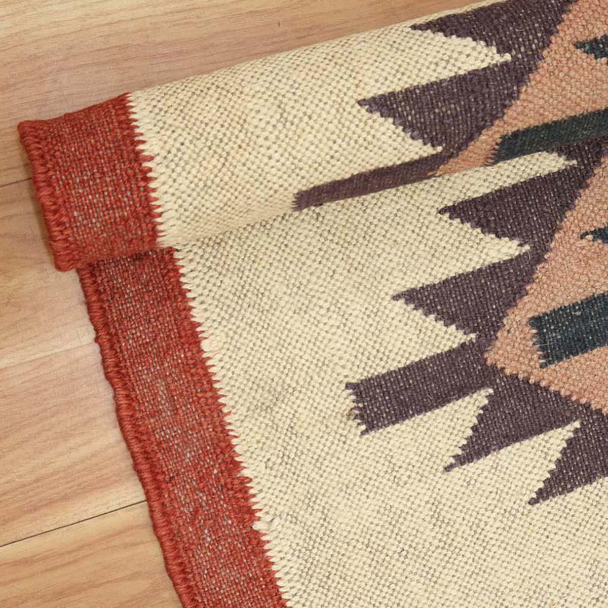 Indian Hand Woven Geometric Beige Multicolor Wool Jute Rug - Indian Rug Store