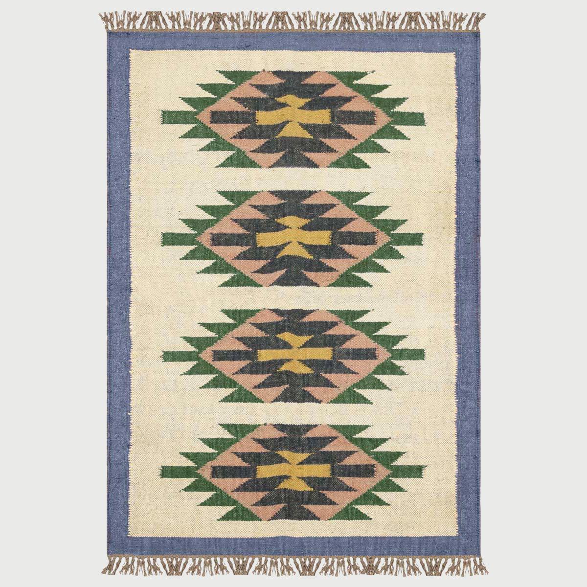 Geometric Indian Hand Woven Blue Beige Wool Jute Rug - Indian Rug Store