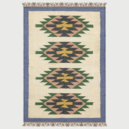 Geometric Indian Hand Woven Blue Beige Wool Jute Rug - Indian Rug Store