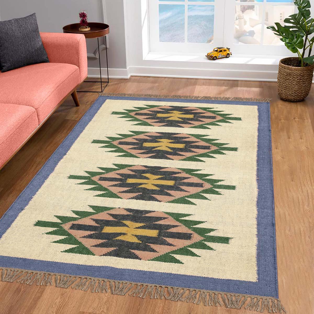 Geometric Indian Hand Woven Blue Beige Wool Jute Rug - Indian Rug Store