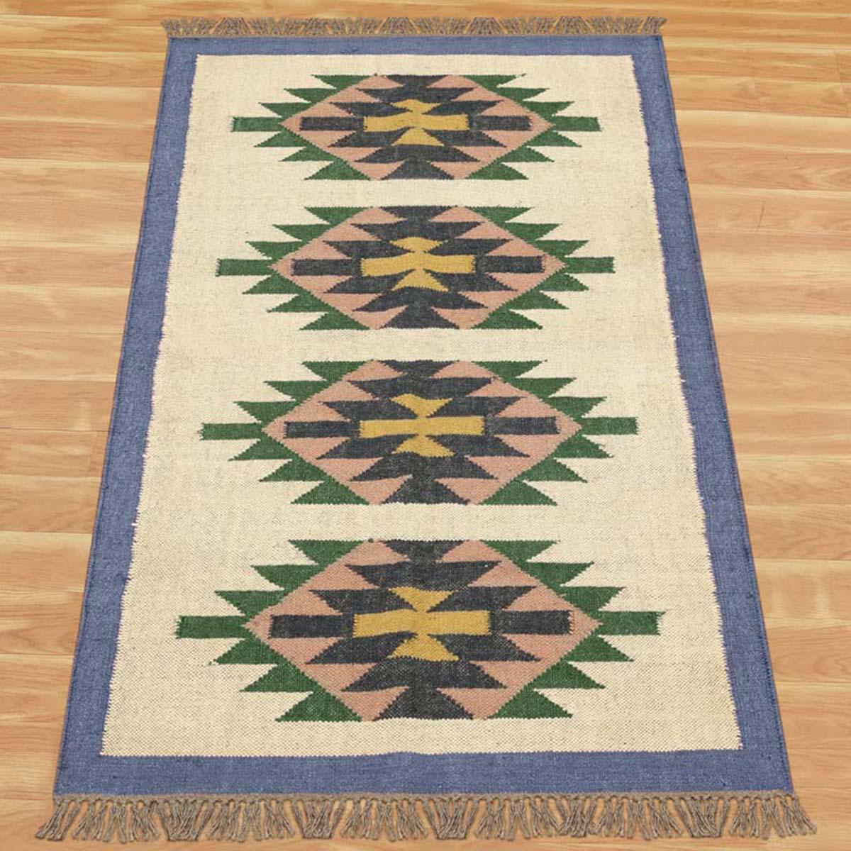 Geometric Indian Hand Woven Blue Beige Wool Jute Rug - Indian Rug Store