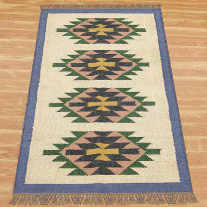 Geometric Indian Hand Woven Blue Beige Wool Jute Rug - Indian Rug Store