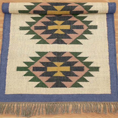 Geometric Indian Hand Woven Blue Beige Wool Jute Rug - Indian Rug Store