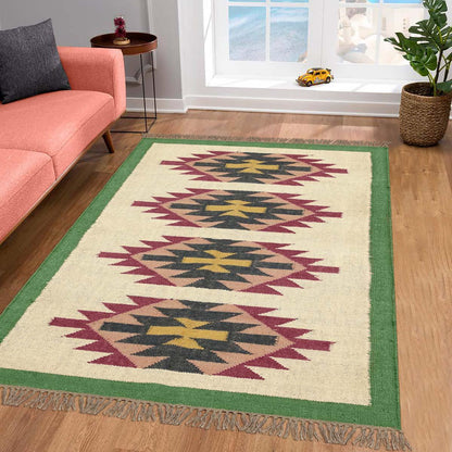 Green Multicolor Hand Woven Home Decor Wool Jute Rug - Indian Rug Store