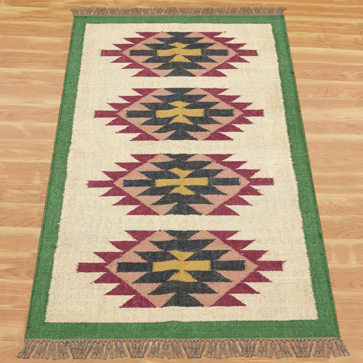 Green Multicolor Hand Woven Home Decor Wool Jute Rug - Indian Rug Store