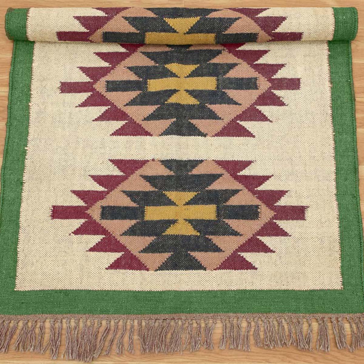 Green Multicolor Hand Woven Home Decor Wool Jute Rug - Indian Rug Store