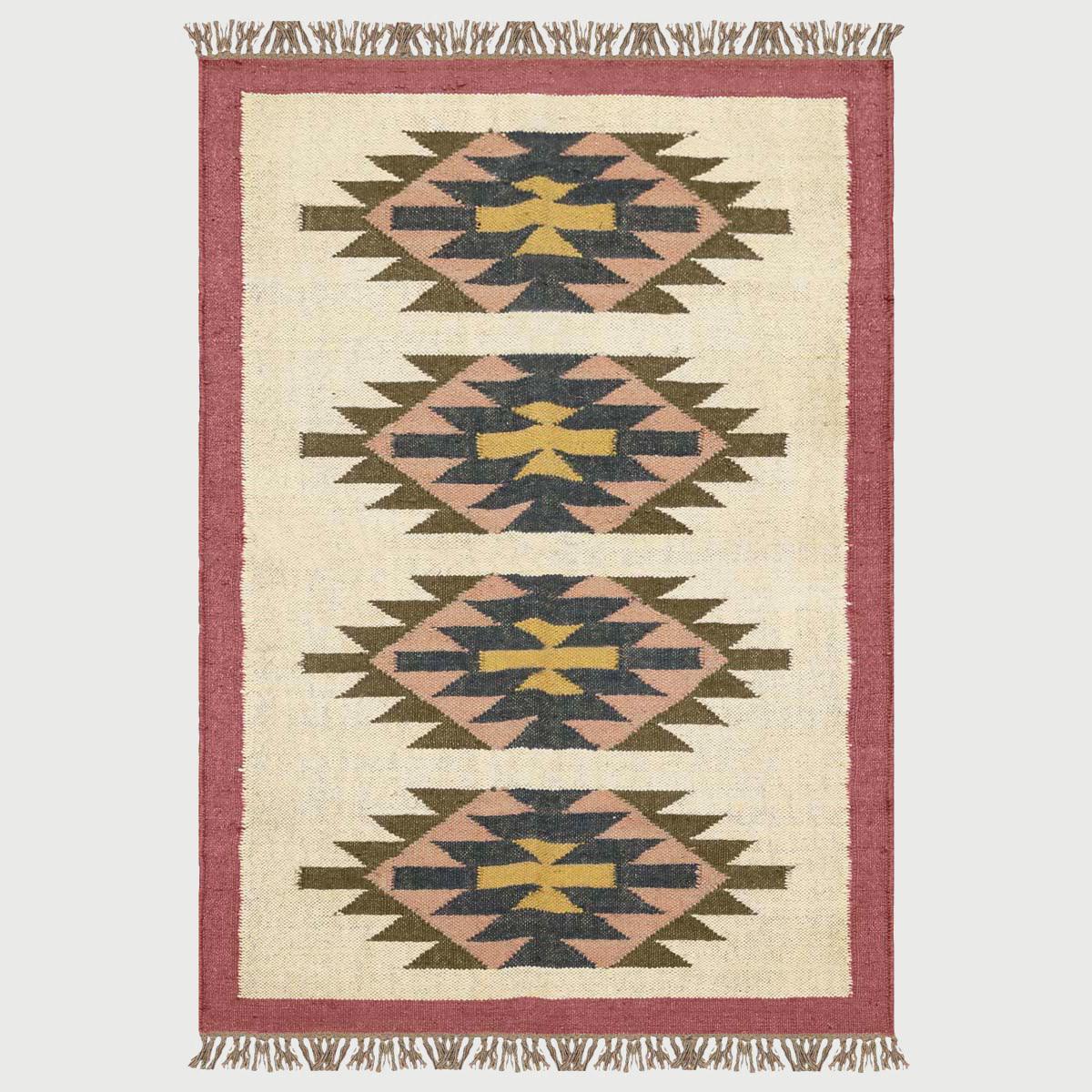 Geometric Hand Woven Maroon Multicolor Interior Wool Jute Rug - Indian Rug Store