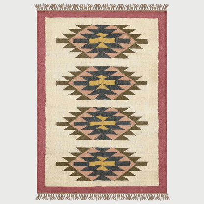 Geometric Hand Woven Maroon Multicolor Interior Wool Jute Rug - Indian Rug Store