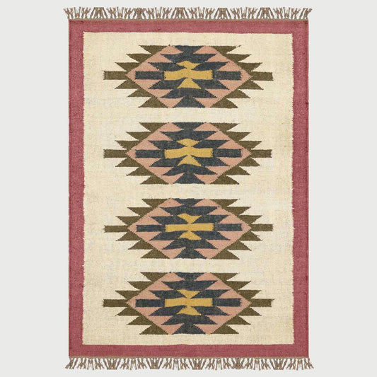 Geometric Hand Woven Maroon Multicolor Interior Wool Jute Rug - Indian Rug Store