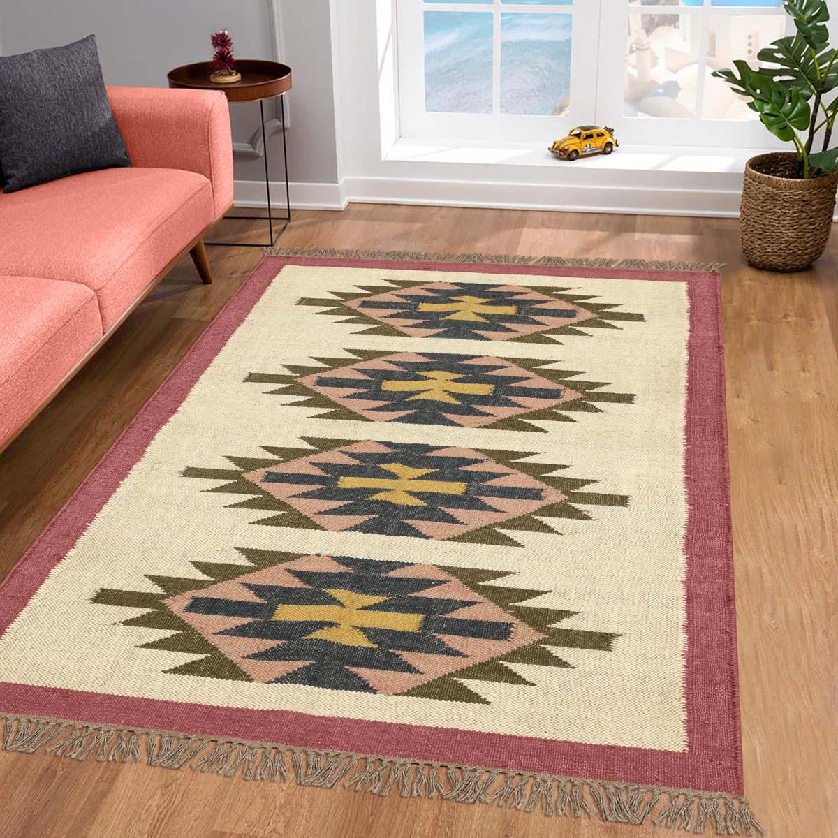 Geometric Hand Woven Maroon Multicolor Interior Wool Jute Rug - Indian Rug Store