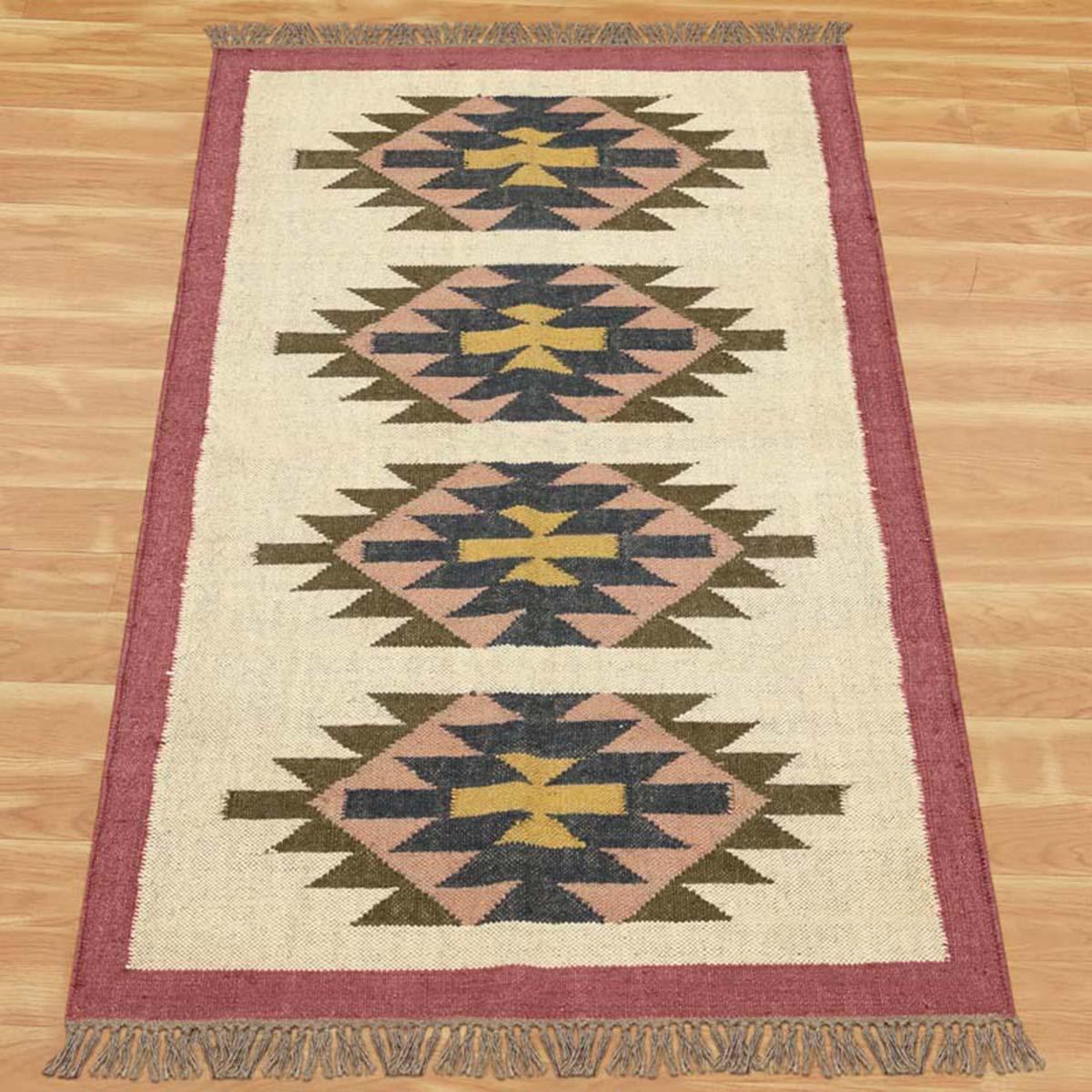 Geometric Hand Woven Maroon Multicolor Interior Wool Jute Rug - Indian Rug Store