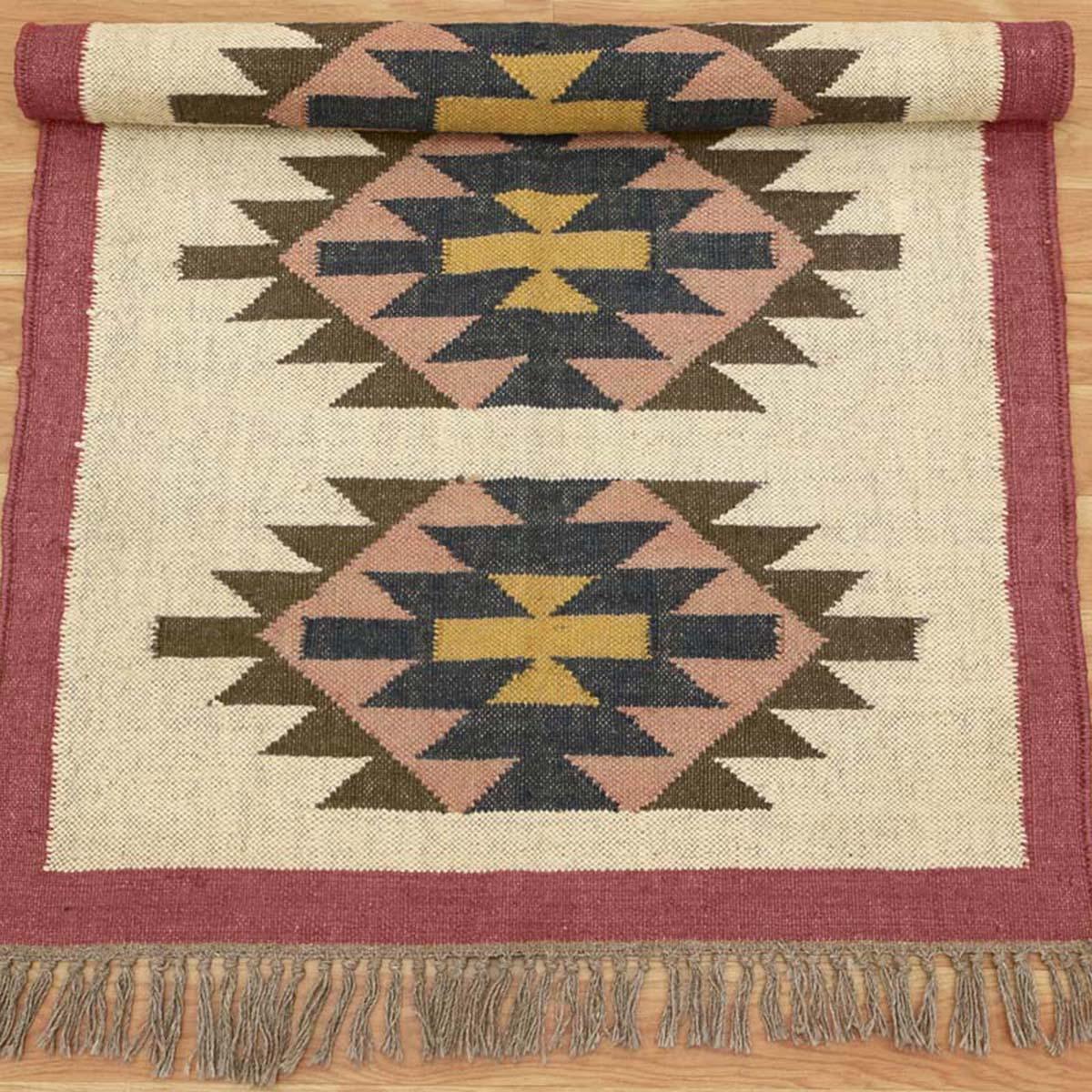 Geometric Hand Woven Maroon Multicolor Interior Wool Jute Rug - Indian Rug Store