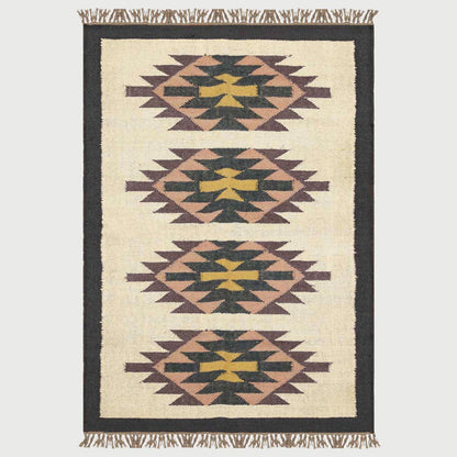 Multicolor Black Geometric Hand Woven Farm House Wool Jute Rug - Indian Rug Store