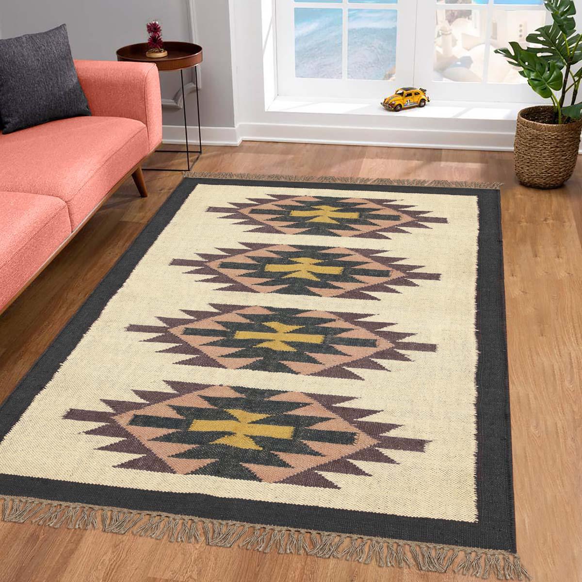 Multicolor Black Geometric Hand Woven Farm House Wool Jute Rug - Indian Rug Store