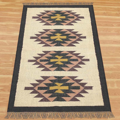 Multicolor Black Geometric Hand Woven Farm House Wool Jute Rug - Indian Rug Store