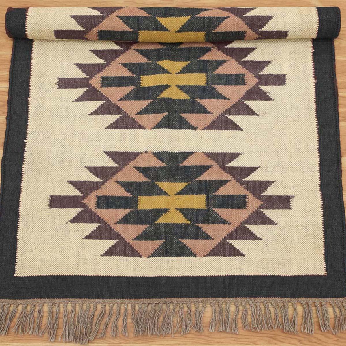 Multicolor Black Geometric Hand Woven Farm House Wool Jute Rug - Indian Rug Store