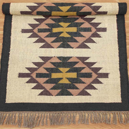 Multicolor Black Geometric Hand Woven Farm House Wool Jute Rug - Indian Rug Store