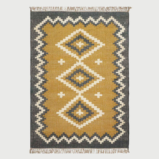 Indian Hand Woven Geometric Yellow Gray Wool Jute Rug - Indian Rug Store