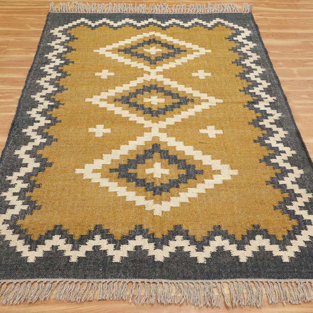 Indian Hand Woven Geometric Yellow Gray Wool Jute Rug - Indian Rug Store