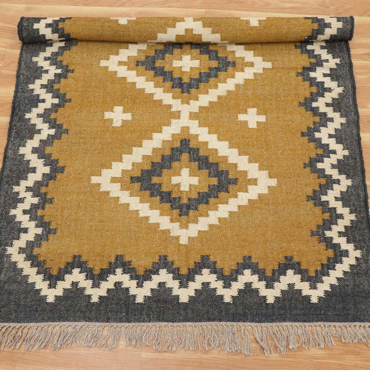 Indian Hand Woven Geometric Yellow Gray Wool Jute Rug - Indian Rug Store