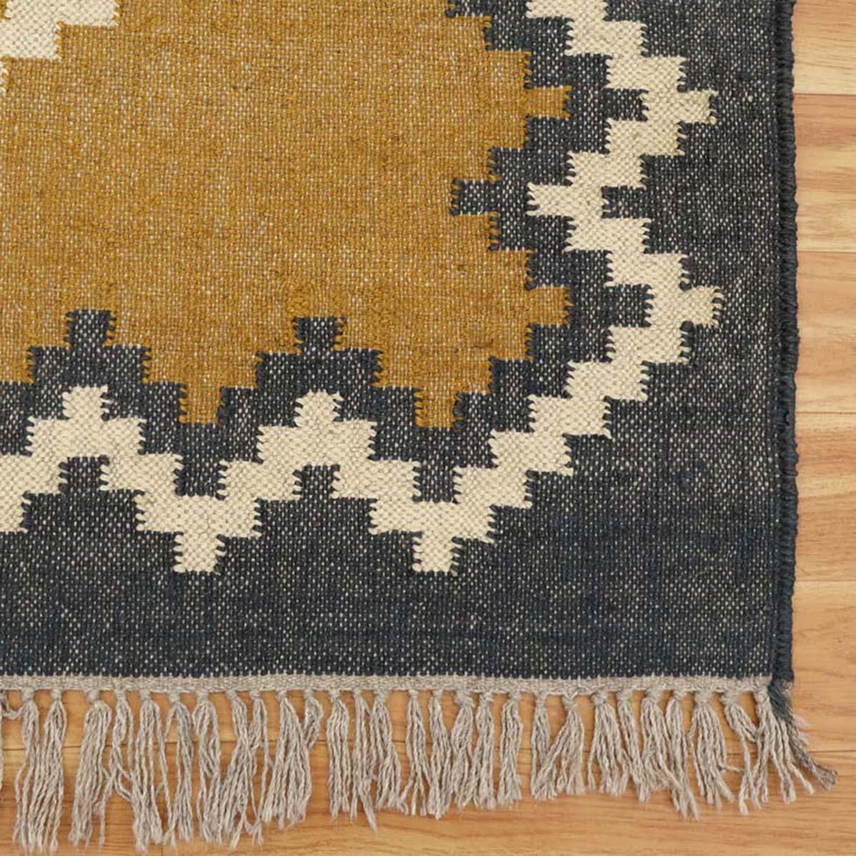 Indian Hand Woven Geometric Yellow Gray Wool Jute Rug - Indian Rug Store