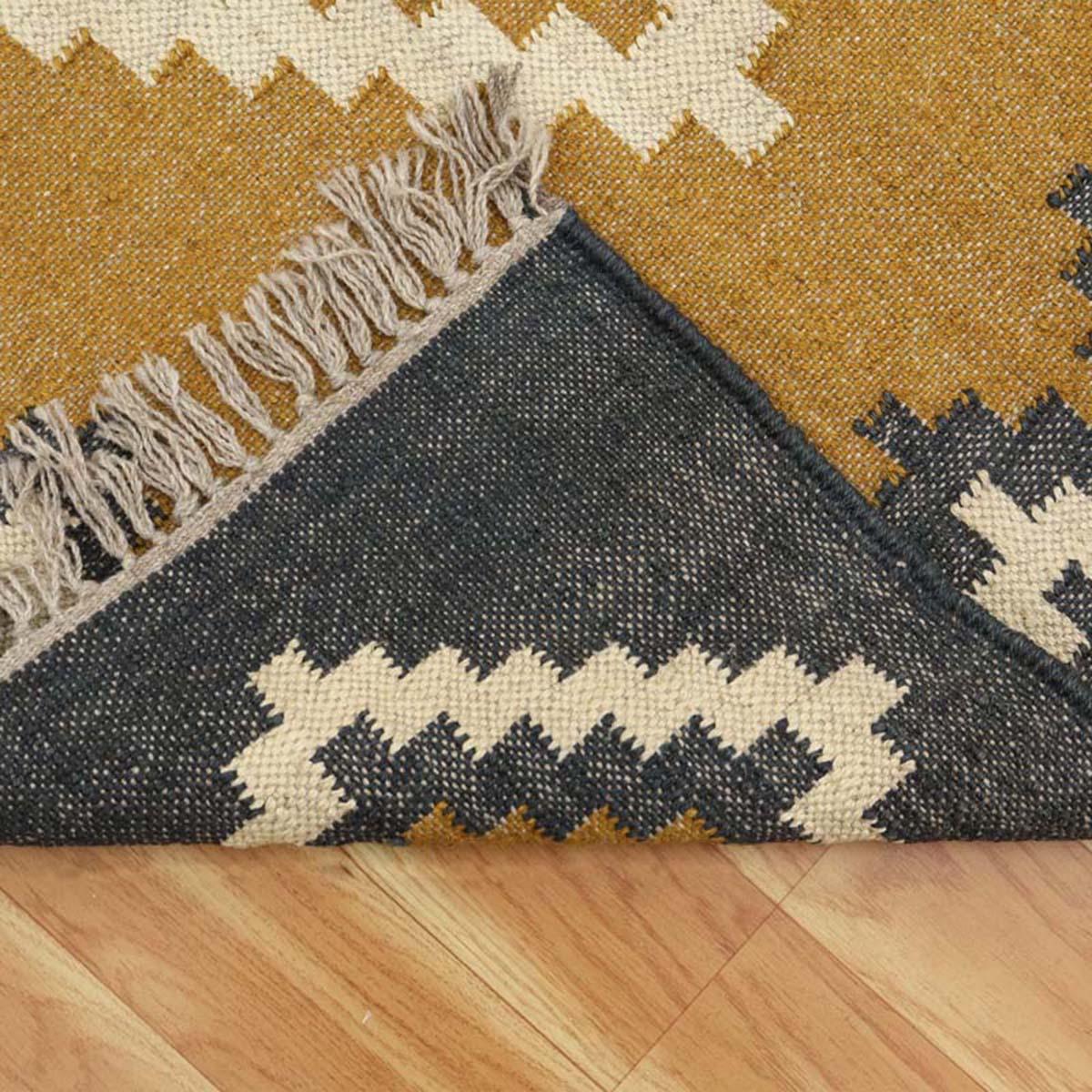 Indian Hand Woven Geometric Yellow Gray Wool Jute Rug - Indian Rug Store