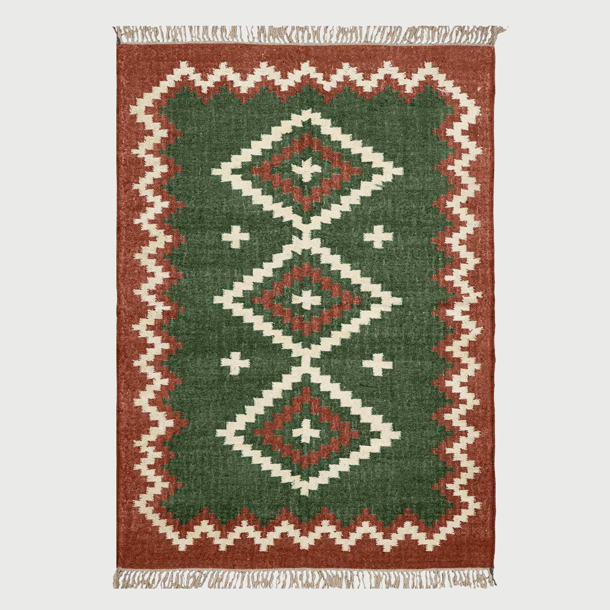 Geometric Hand Woven Dark Green Brown Interior Decor Wool Jute Rug - Indian Rug Store