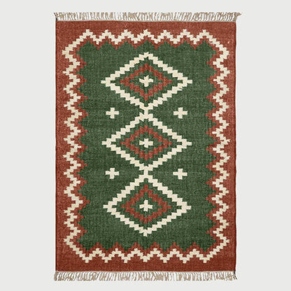 Geometric Hand Woven Dark Green Brown Interior Decor Wool Jute Rug - Indian Rug Store