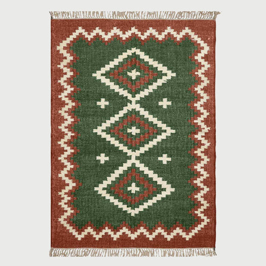 Geometric Hand Woven Dark Green Brown Interior Decor Wool Jute Rug - Indian Rug Store