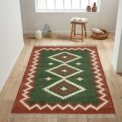 Geometric Hand Woven Dark Green Brown Interior Decor Wool Jute Rug - Indian Rug Store