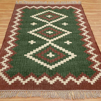 Geometric Hand Woven Dark Green Brown Interior Decor Wool Jute Rug - Indian Rug Store