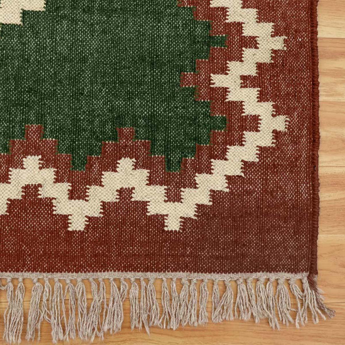 Geometric Hand Woven Dark Green Brown Interior Decor Wool Jute Rug - Indian Rug Store