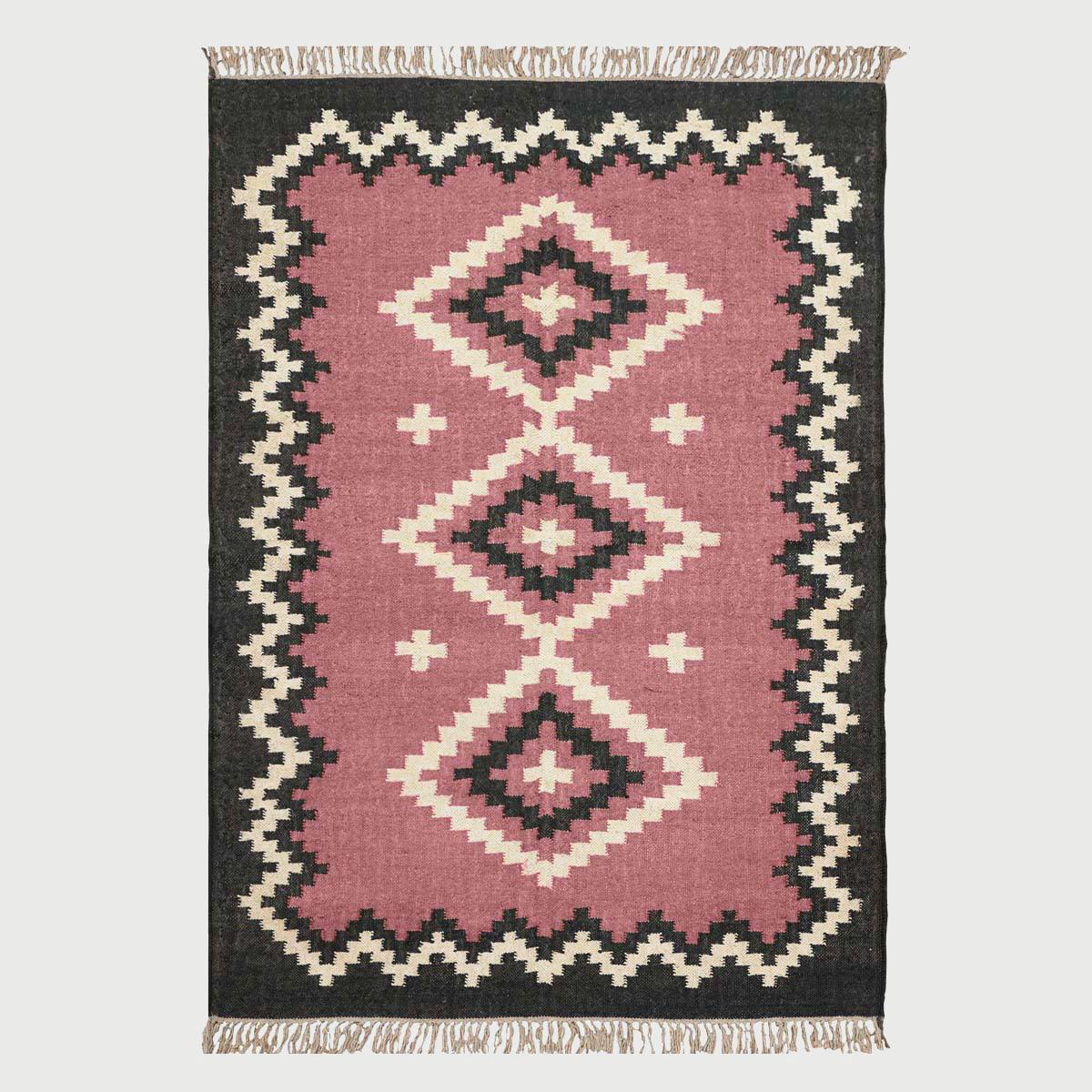 Pink Black Hand Woven Geometric Bedroom Decor Wool Jute Rug - Indian Rug Store