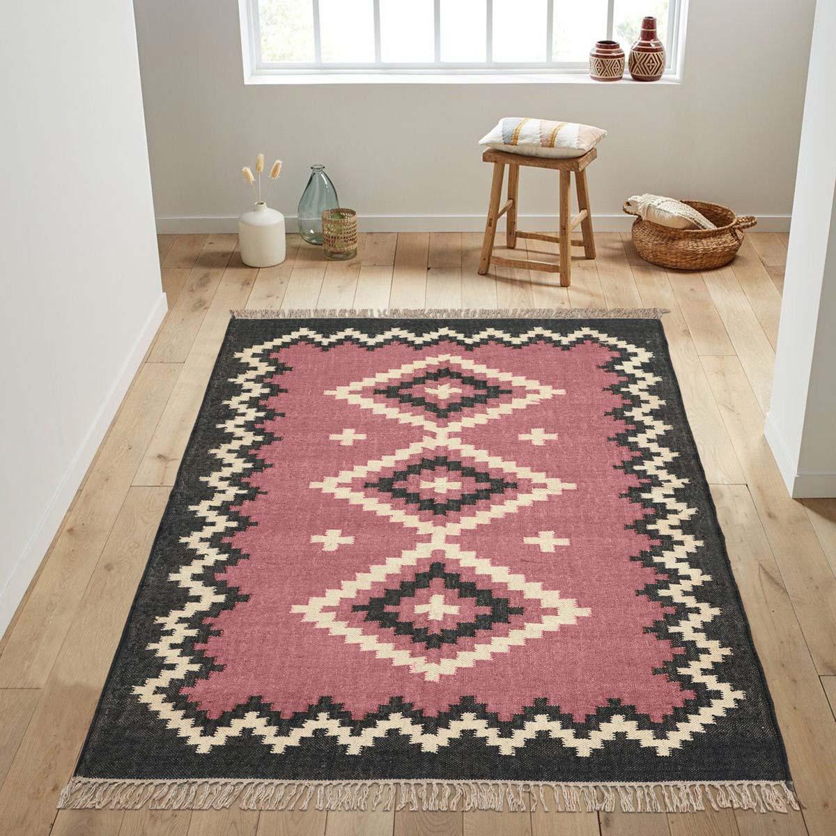 Pink Black Hand Woven Geometric Bedroom Decor Wool Jute Rug - Indian Rug Store