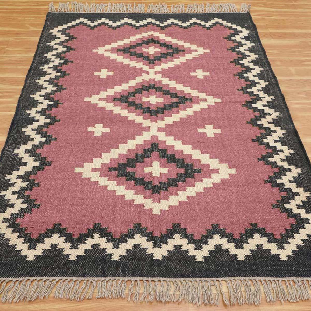 Pink Black Hand Woven Geometric Bedroom Decor Wool Jute Rug - Indian Rug Store