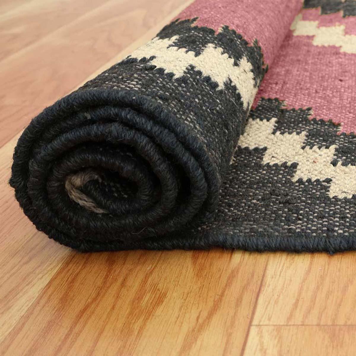 Pink Black Hand Woven Geometric Bedroom Decor Wool Jute Rug - Indian Rug Store