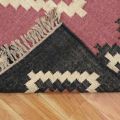 Pink Black Hand Woven Geometric Bedroom Decor Wool Jute Rug - Indian Rug Store