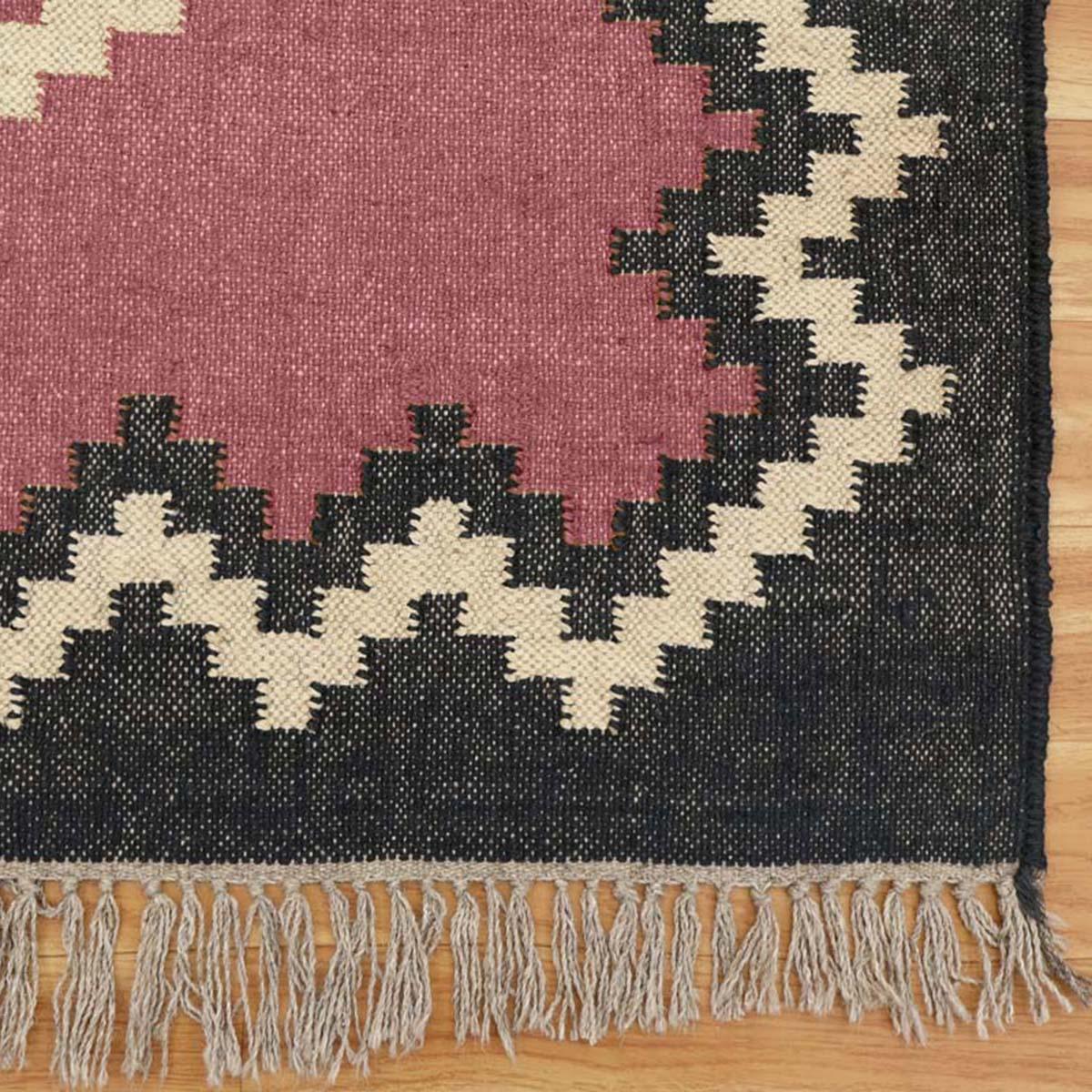 Pink Black Hand Woven Geometric Bedroom Decor Wool Jute Rug - Indian Rug Store