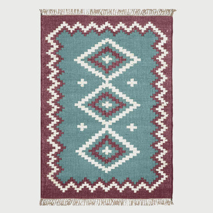 Farm House Turquoise Blue Dull Purple Hand Woven Wool Jute Rug - Indian Rug Store