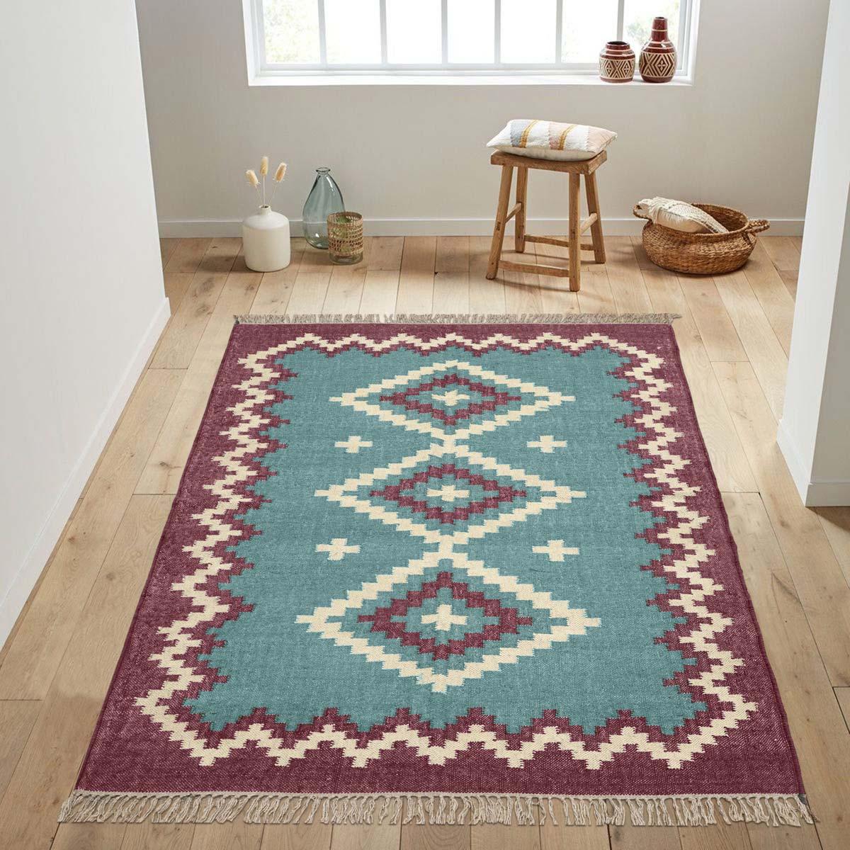 Farm House Turquoise Blue Dull Purple Hand Woven Wool Jute Rug - Indian Rug Store