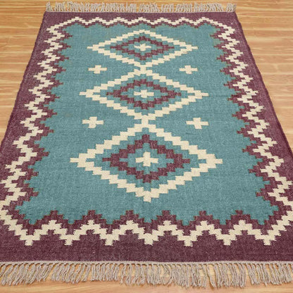 Farm House Turquoise Blue Dull Purple Hand Woven Wool Jute Rug - Indian Rug Store