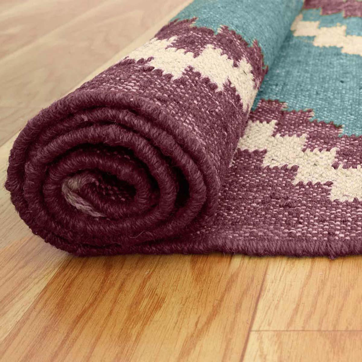 Farm House Turquoise Blue Dull Purple Hand Woven Wool Jute Rug - Indian Rug Store