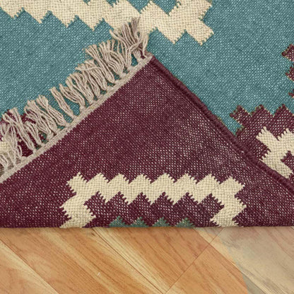 Farm House Turquoise Blue Dull Purple Hand Woven Wool Jute Rug - Indian Rug Store