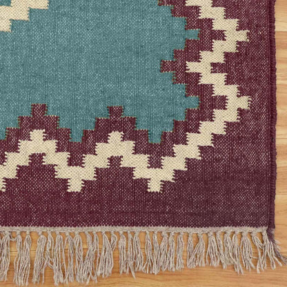 Farm House Turquoise Blue Dull Purple Hand Woven Wool Jute Rug - Indian Rug Store