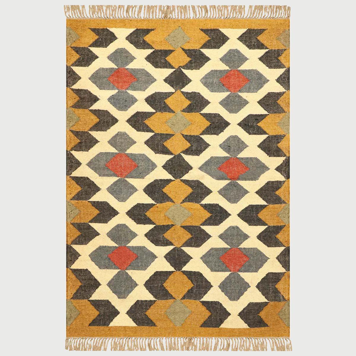 Indian Hand Woven Geometric Yellow Multicolor Wool Jute Rug - Indian Rug Store