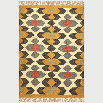 Indian Hand Woven Geometric Yellow Multicolor Wool Jute Rug - Indian Rug Store