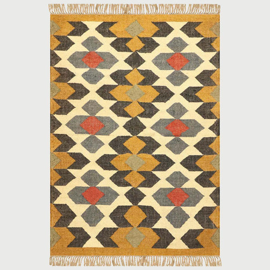 Indian Hand Woven Geometric Yellow Multicolor Wool Jute Rug - Indian Rug Store