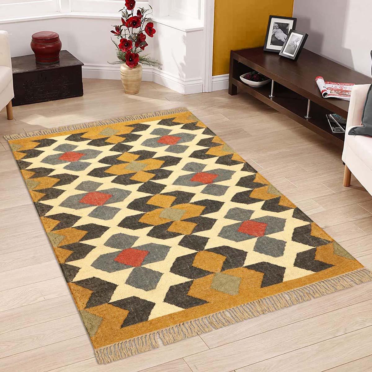 Indian Hand Woven Geometric Yellow Multicolor Wool Jute Rug - Indian Rug Store