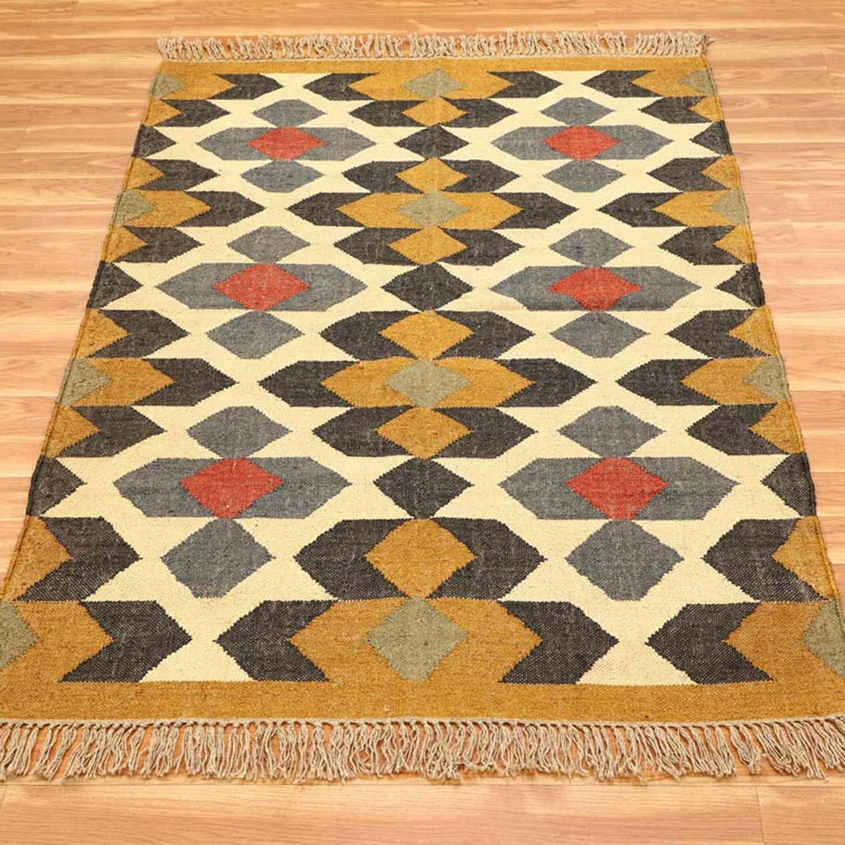 Indian Hand Woven Geometric Yellow Multicolor Wool Jute Rug - Indian Rug Store