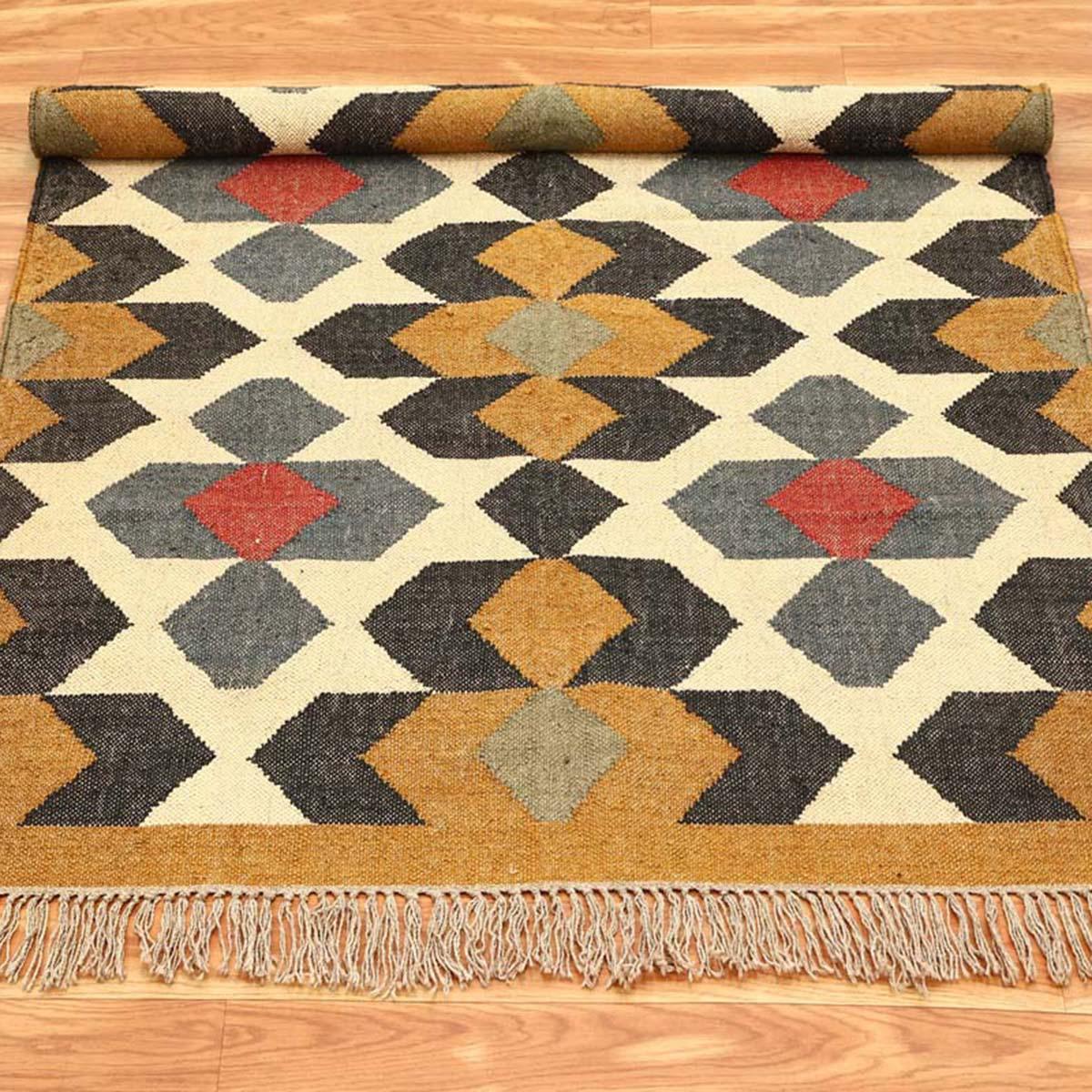 Indian Hand Woven Geometric Yellow Multicolor Wool Jute Rug - Indian Rug Store